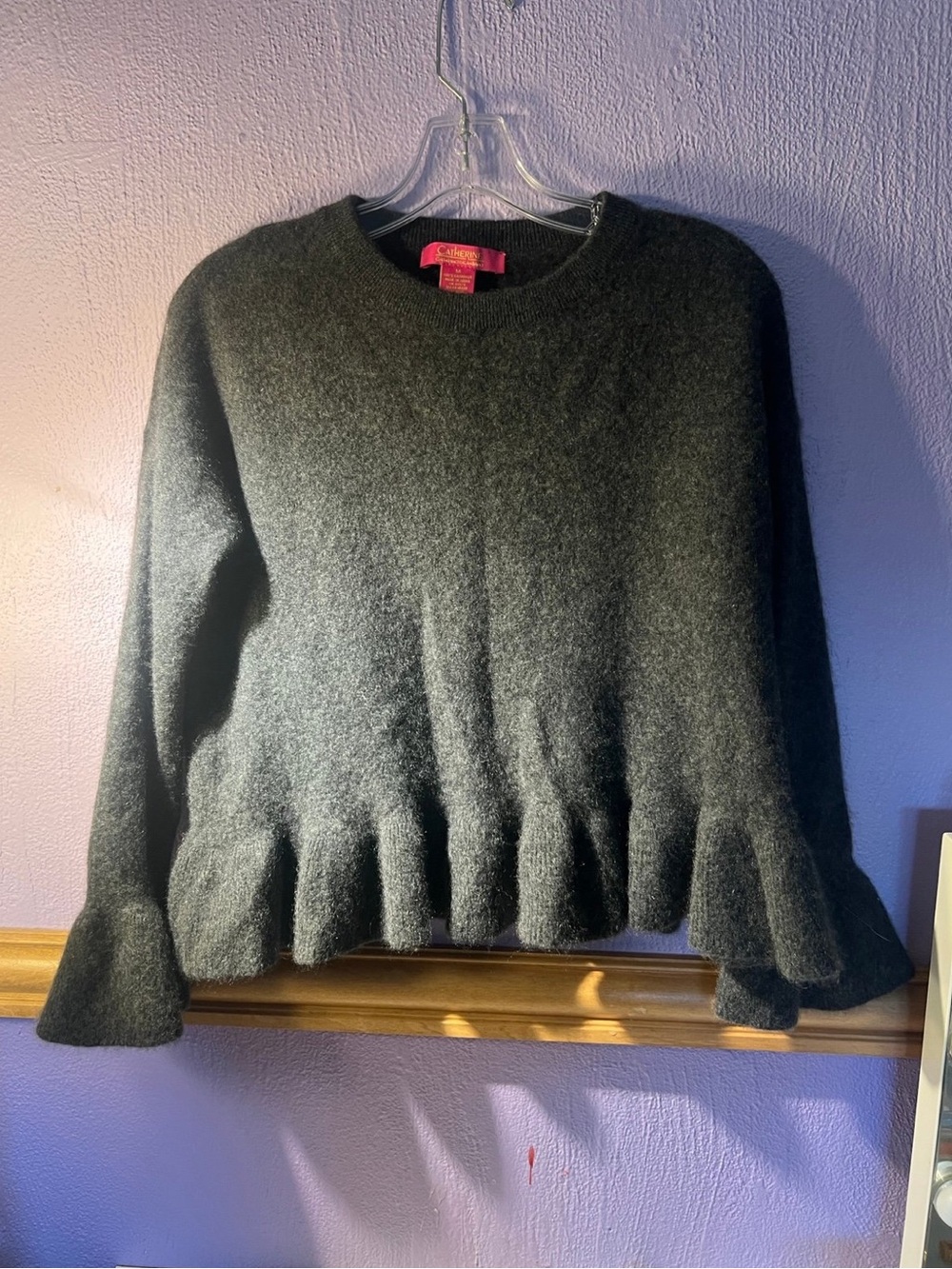 Catherine Malandrino Black Ruffle-Hem Crewneck Sweater